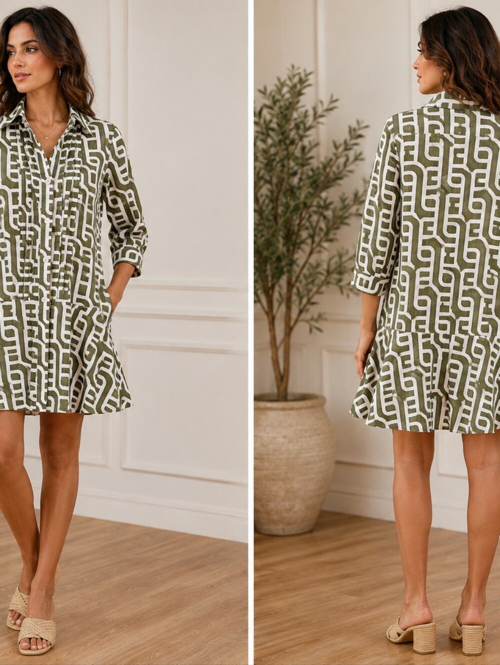 Zara Olive & White Abstract Geometric Shirt Mini Dress